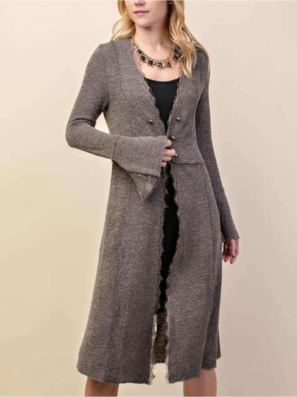 VOCAL Vintage Whimsy Boho Fairy Long Gray Knit Duster Sweater Cardigan